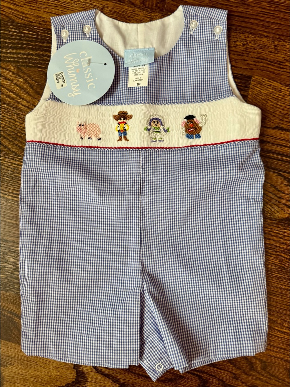 Classic Whimsy Blue Gingham Smocked Baby Toy Story Romper- NWT 12 Months